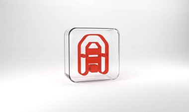 Red Inflatable boat with outboard motor icon isolated on grey background. Glass square button. 3d illustration 3D render.