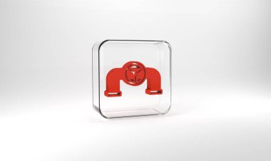 Red Oil pipe with valve icon isolated on grey background. Glass square button. 3d illustration 3D render.