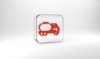 Red Tanker truck icon isolated on grey background. Petroleum tanker, petrol truck, cistern, oil trailer. Glass square button. 3d illustration 3D render.