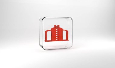 Red Oil tank storage icon isolated on grey background. Vessel tank for oil and gas industrial. Oil tank technology station. Glass square button. 3d illustration 3D render.