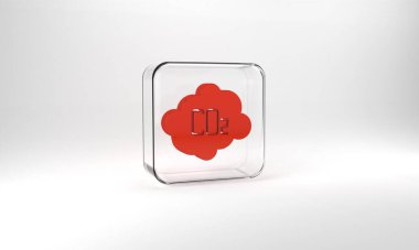 Red CO2 emissions in cloud icon isolated on grey background. Carbon dioxide formula, smog pollution concept, environment concept. Glass square button. 3d illustration 3D render.