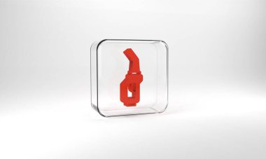 Red Gasoline pump nozzle icon isolated on grey background. Fuel pump petrol station. Refuel service sign. Gas station icon. Glass square button. 3d illustration 3D render.