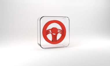 Red Racing steering wheel icon isolated on grey background. Car wheel icon. Glass square button. 3d illustration 3D render.