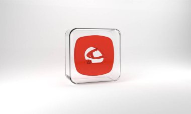 Red Racing helmet icon isolated on grey background. Extreme sport. Sport equipment. Glass square button. 3d illustration 3D render.