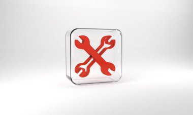 Red Wrench spanner icon isolated on grey background. Spanner repair tool. Service tool symbol. Glass square button. 3d illustration 3D render.