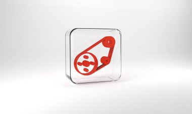 Red Timing belt kit icon isolated on grey background. Glass square button. 3d illustration 3D render.