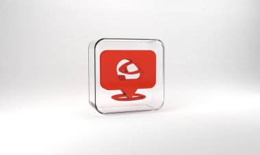 Red Racing helmet icon isolated on grey background. Extreme sport. Sport equipment. Glass square button. 3d illustration 3D render.