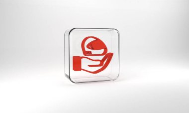 Red Racing helmet icon isolated on grey background. Extreme sport. Sport equipment. Glass square button. 3d illustration 3D render.