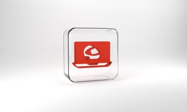 Red Racing helmet icon isolated on grey background. Extreme sport. Sport equipment. Glass square button. 3d illustration 3D render.