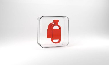 Red Fire extinguisher icon isolated on grey background. Glass square button. 3d illustration 3D render.