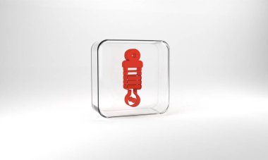 Red Shock absorber icon isolated on grey background. Glass square button. 3d illustration 3D render.