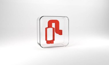 Red Car muffler icon isolated on grey background. Exhaust pipe. Glass square button. 3d illustration 3D render.