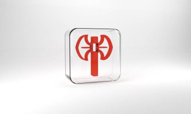 Red Medieval poleaxe icon isolated on grey background. Glass square button. 3d illustration 3D render.