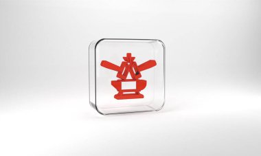 Red Blacksmith anvil tool and hammer icon isolated on grey background. Metal forging. Forge tool. Glass square button. 3d illustration 3D render.