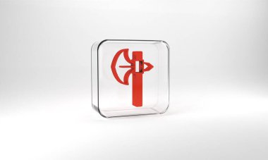 Red Medieval axe icon isolated on grey background. Battle axe, executioner axe. Medieval weapon. Glass square button. 3d illustration 3D render.
