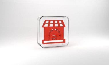 Red Blacksmith oven icon isolated on grey background. Glass square button. 3d illustration 3D render.