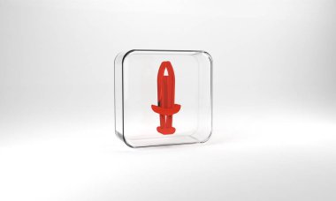 Red Medieval sword icon isolated on grey background. Medieval weapon. Glass square button. 3d illustration 3D render.