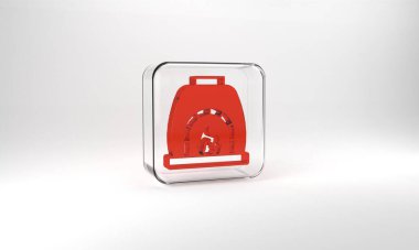 Red Blacksmith oven icon isolated on grey background. Glass square button. 3d illustration 3D render.