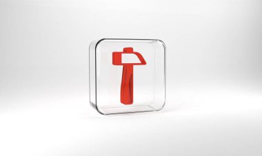 Red Hammer icon isolated on grey background. Tool for repair. Glass square button. 3d illustration 3D render.