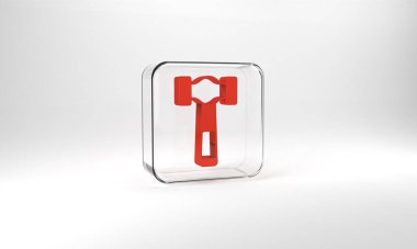Red Hammer icon isolated on grey background. Tool for repair. Glass square button. 3d illustration 3D render.
