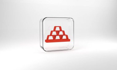 Red Gold bars icon isolated on grey background. Banking business concept. Glass square button. 3d illustration 3D render.
