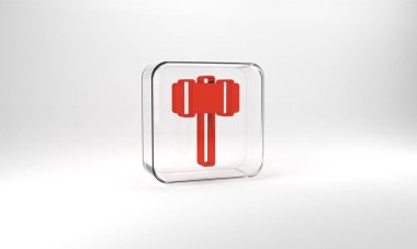 Red Sledgehammer icon isolated on grey background. Glass square button. 3d illustration 3D render.