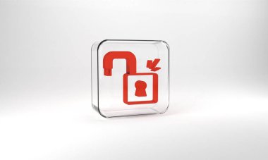 Red Open padlock icon isolated on grey background. Opened lock sign. Cyber security concept. Digital data protection. Glass square button. 3d illustration 3D render.