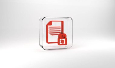 Red Document and lock icon isolated on grey background. File format and padlock. Security, safety, protection concept. Glass square button. 3d illustration 3D render.