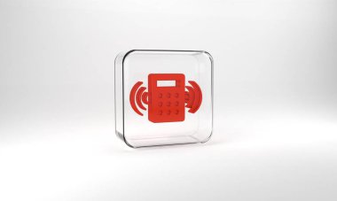 Red Security system control panel with display icon isolated on grey background. Keypad of security system for entering inside. Glass square button. 3d illustration 3D render.