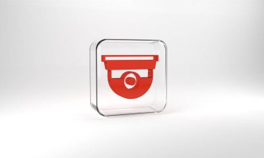 Red Security camera icon isolated on grey background. Glass square button. 3d illustration 3D render.