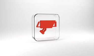 Red Security camera icon isolated on grey background. Glass square button. 3d illustration 3D render.