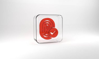 Red Fingerprint icon isolated on grey background. ID app icon. Identification sign. Touch id. Glass square button. 3d illustration 3D render.
