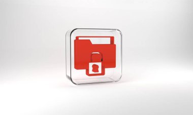 Red Folder and lock icon isolated on grey background. Closed folder and padlock. Security, safety, protection concept. Glass square button. 3d illustration 3D render.