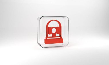 Red Ringing alarm bell icon isolated on grey background. Fire alarm system. Service bell, handbell sign, notification symbol. Glass square button. 3d illustration 3D render.
