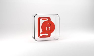 Red Smartphone with closed padlock icon isolated on grey background. Phone with lock. Mobile security, safety, protection concept. Glass square button. 3d illustration 3D render.