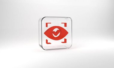 Red Eye scan icon isolated on grey background. Scanning eye. Security check symbol. Cyber eye sign. Glass square button. 3d illustration 3D render.