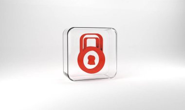 Red Lock icon isolated on grey background. Padlock sign. Security, safety, protection, privacy concept. Glass square button. 3d illustration 3D render.