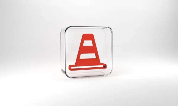 Red Traffic Cone Icon Isolated Grey Background Glass Square Button — ストック写真