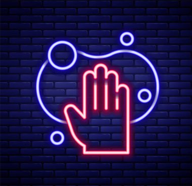 Glowing neon line Sponge icon isolated on brick wall background. Wisp of bast for washing dishes. Cleaning service logo. Colorful outline concept. Vector.