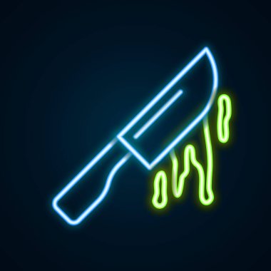 Glowing neon line Bloody knife icon isolated on black background. Cutlery symbol. Happy Halloween party. Colorful outline concept. Vector.
