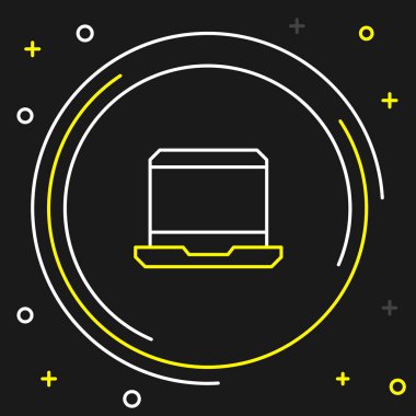 Satır dizüstü simgesi siyah arkaplanda izole edildi. Boş ekran işaretli bilgisayar defteri. Renkli taslak konsepti. Vektör.