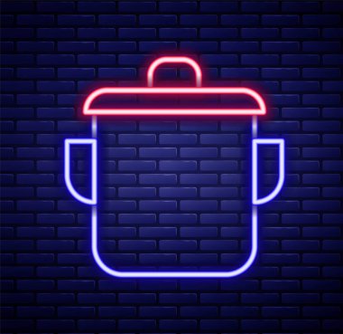 Parlayan neon hattı tuğla duvar arkasında izole edilmiş tencere ikonu. Haşlama ya da güveç besin sembolü. Renkli taslak konsepti. Vektör.
