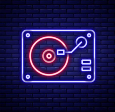 Duvarda izole edilmiş vinil disk ikonu olan parlak neon çizgili Vinil oynatıcı. Renkli taslak konsepti. Vektör.