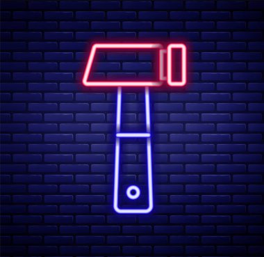 Parlayan neon hattı çekiç simgesi tuğla duvar arkasında izole edildi. Tamir için bir araç. Renkli taslak konsepti. Vektör.