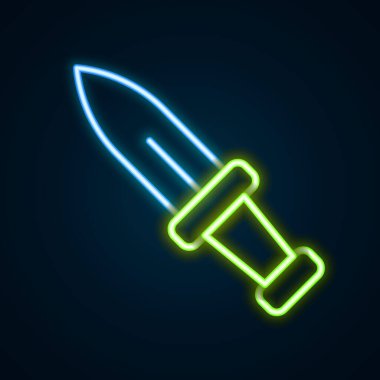 Parlayan neon çizgisi Hançer simgesi siyah arkaplanda izole edildi. Bıçak ikonu. Keskin bıçaklı kılıç. Renkli taslak konsepti. Vektör.