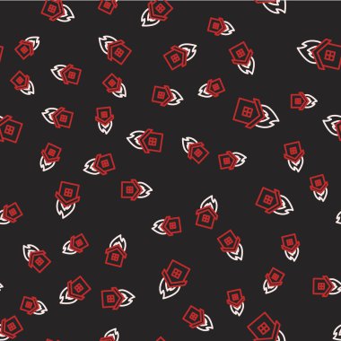 Yanan ev simgesindeki çizgi yangını siyah arka planda izole edilmiş pürüzsüz desen. Sigorta konsepti. Güvenlik, güvenlik, koruma, konsept koruma. Vektör.