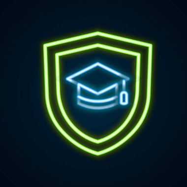 Parlak neon çizgisi derecelendirme başlığı ve siyah arkaplanda izole edilmiş kalkan simgesi. Sigorta konsepti. Güvenlik, güvenlik, koruma, konsept koruma. Renkli taslak konsepti. Vektör.