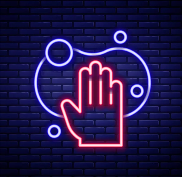 Glowing neon line Sponge icon isolated on brick wall background. Wisp of bast for washing dishes. Cleaning service logo. Colorful outline concept. Vector.