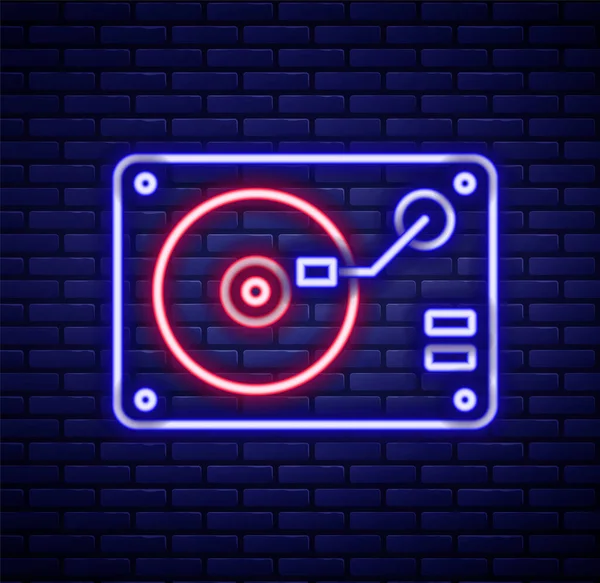 Duvarda izole edilmiş vinil disk ikonu olan parlak neon çizgili Vinil oynatıcı. Renkli taslak konsepti. Vektör.