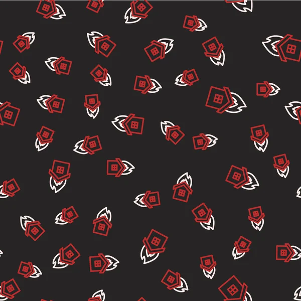 Yanan ev simgesindeki çizgi yangını siyah arka planda izole edilmiş pürüzsüz desen. Sigorta konsepti. Güvenlik, güvenlik, koruma, konsept koruma. Vektör.